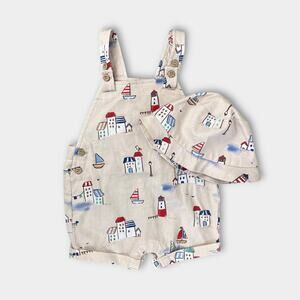 Mayoral Printed Two Piece Dungarees and Sun Hat Set 6-9 Months